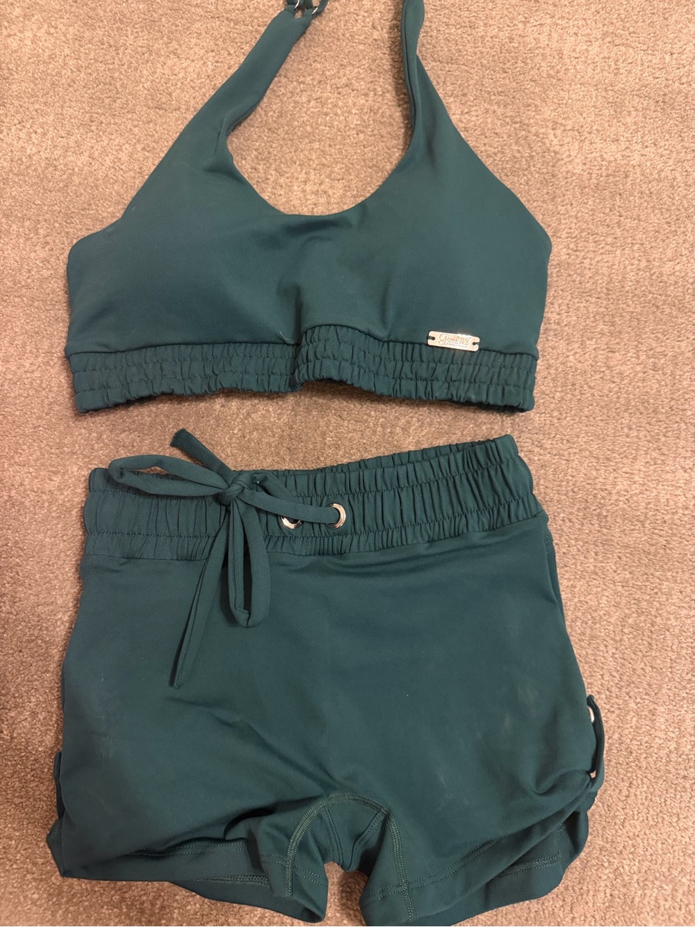 Bombshell Sportswear Teal High-Waist Drawstring Athletic Shorts and Top